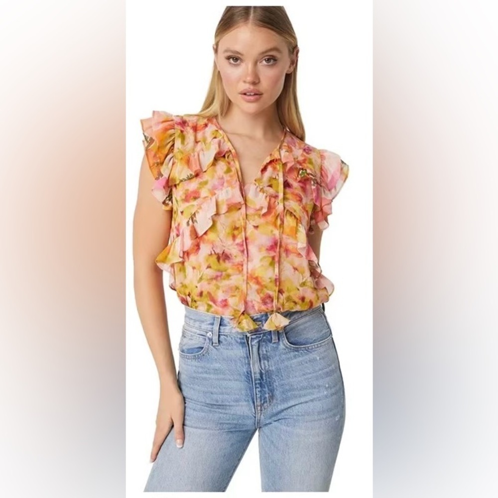 Misa Los Angeles Yellow Multi Floral Ruffle V-Neck Emi Top
